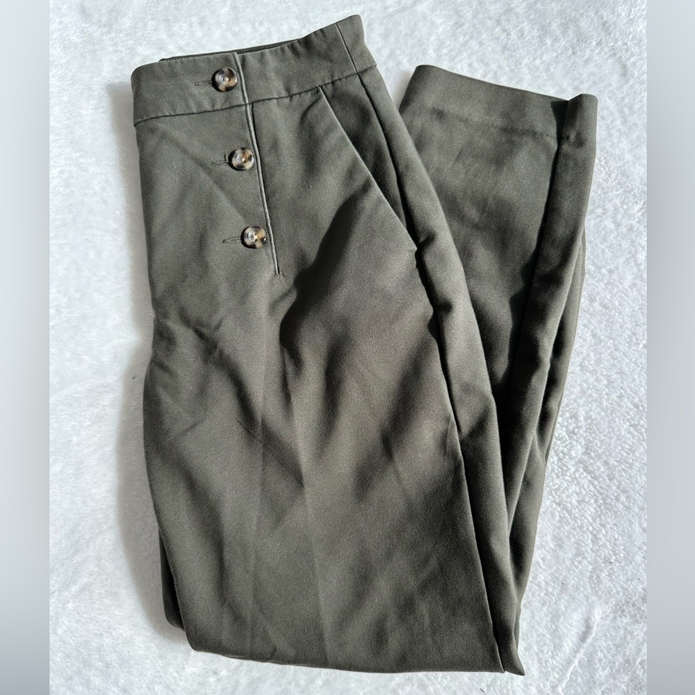 Express Olive Green Work Pants with Tortoise Shell Buttons